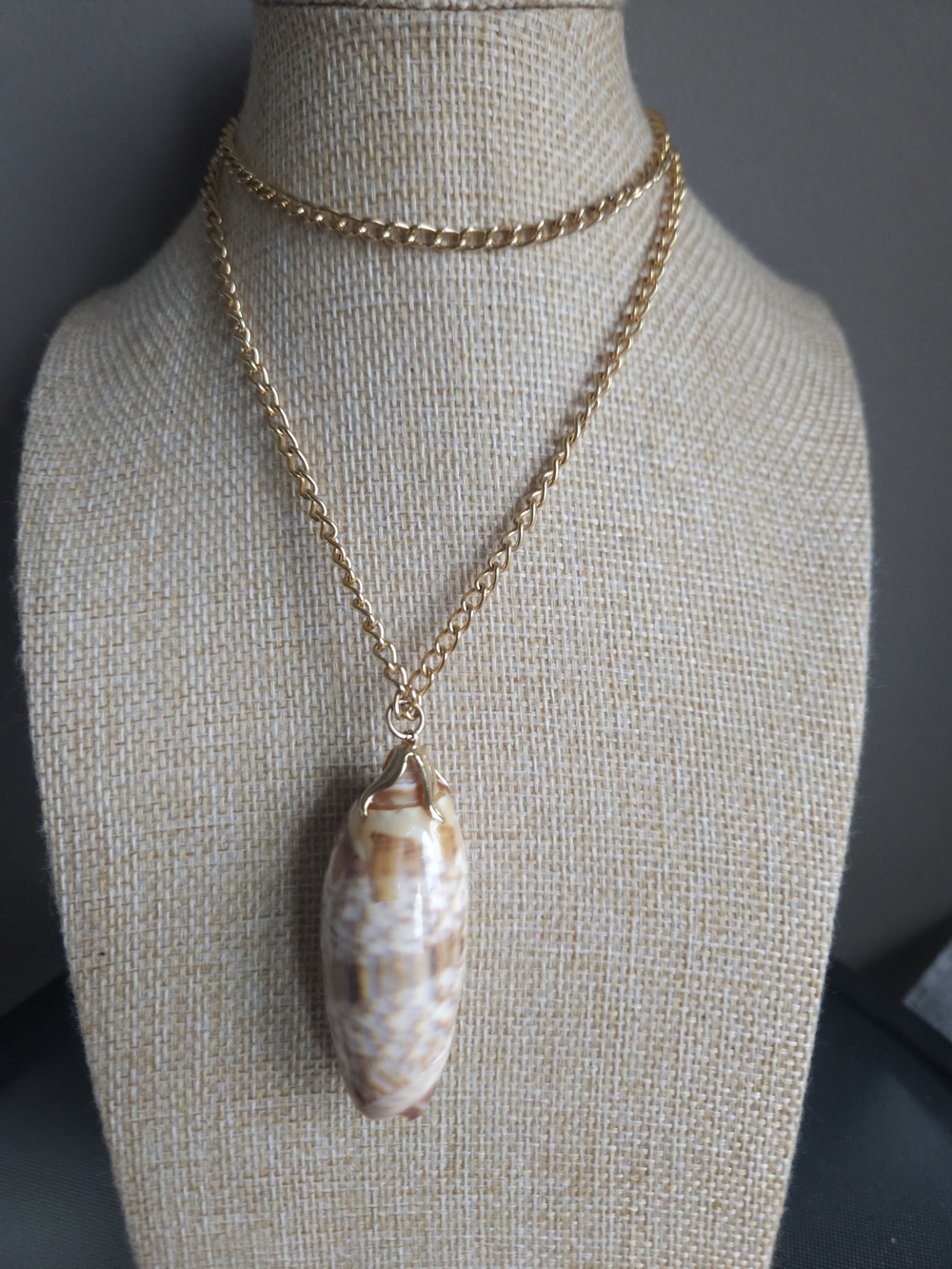 Gold Chain Necklace with Natural Brown Shell Pendant
